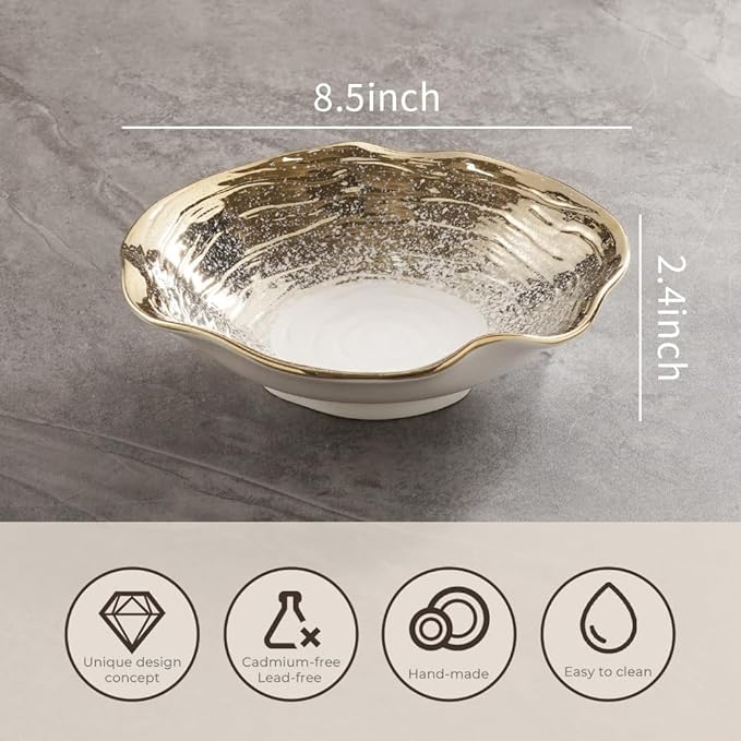 Salad Bowls of 4-8.5 Inch pasta bowl set，Decorative Ceramic Serving Bowl for Kitchen Counter, Versatile Dinnerware for Restaurant Plating & Home Dining(White with Golden)