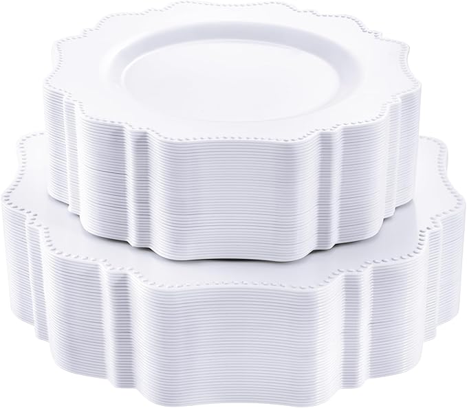 COLOSUS 100 pcs White Plastic Plates Set,Fancy Beaded Plates-European Retro plates include 50 dinner plates and 50 dessert plates,Plastic Disposable plates for BBQ and Party