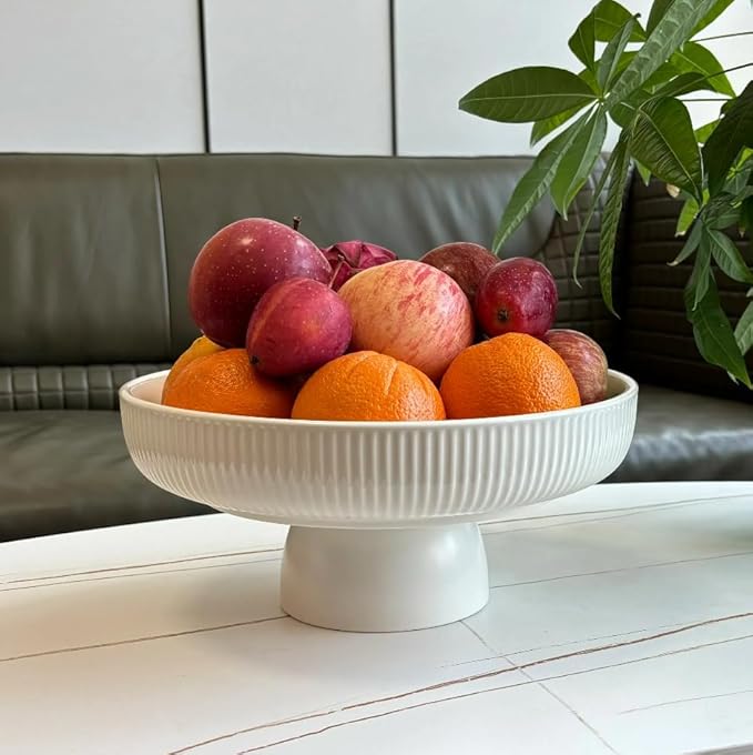 Ceramic Fruit Bowl,11" Decorative Bowl, Large Fruit Bowl for Kitchen Counter, Pedestal Bowl, Kitchen Counter Décor, Bread Candy Snacks Organizer, White (5.3 lbs, 68oz)