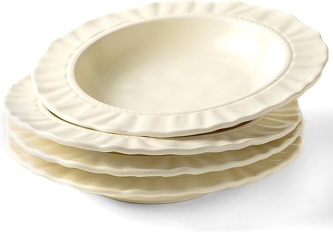 Ceramic Soup Bowls 8.6 in, Pasta Bowls & Plates, Cream color Floral-Embossed Wide Rim Shallow Bowls Set of 4, Italian Carving Design, Matte Finish Porcelain, Microwave & Dishwasher Safe