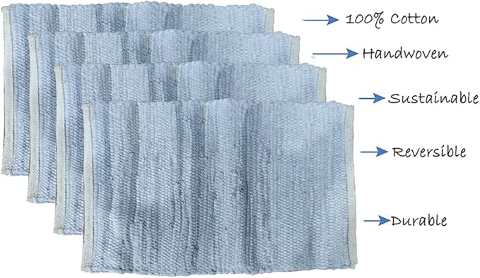 Perilla Home Natural Chindi Jute Placemats Set of 4 Vintage Boho 13x19 Inch Grey Rectangle Table Mats for Kitchen Dining Room Home Decor Banquets Family Gathering Rustic Cotton Stripe Washable Mat