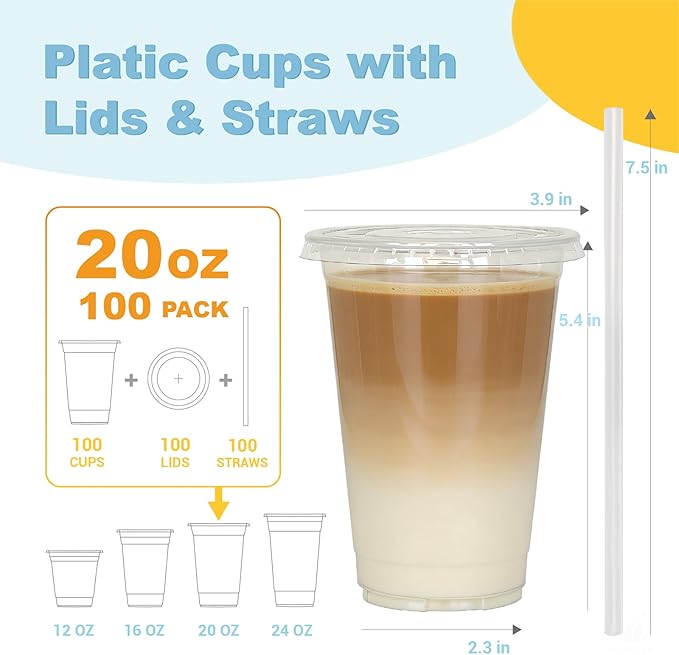 20 oz 100 Pack Disposable Clear Plastic Cups with Lids and Straws, Food Safe Bulk Iced Coffee Cups for Smoothies, Milkshakes and Other Cold Drinks