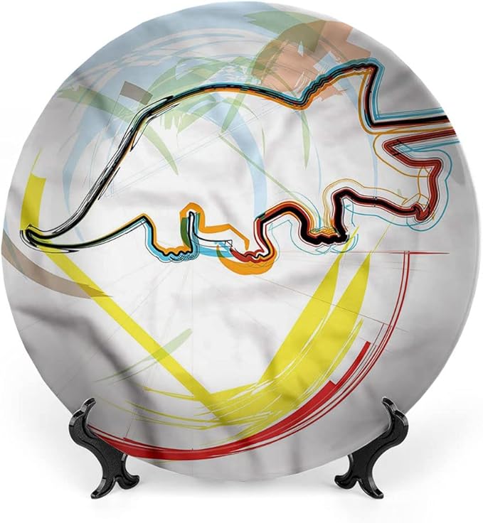 Decorative Plates, Dinosaur Print Ornament, Triceratops Sketch Lines, 6 Inch, Kitchen Wall Decor, Multicolor