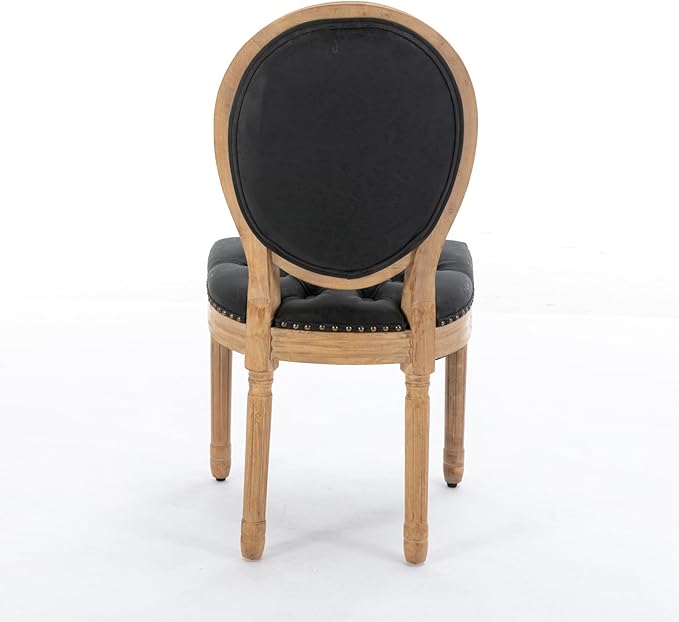 Ball & Cast French Vintage Upholstered Dining Chairs Set of 2, Button Tufted Kitchen Side-Chairs with Carved Antique Wood Frame & Nailhead Trims, PU-Leather Curved Backrest Louis Chair, PU Black