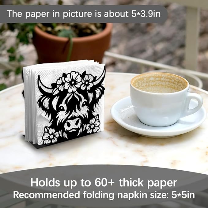Highland Cow Decorative Black Metal Napkin Holder for Table, 5.3" x 4.8" x 2" Animal Flower Standing Napkin Holder for Home Kitchen Restaurant Picnic Party Coffee Bar Dining Room