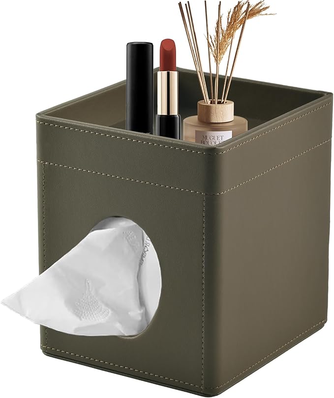 Tissue Box Cover Square Tissue Box Holder PU Leather Facial Tissues Organizer with Storage Tray for Bathroom Vanity Bedroom Office Car,Stylish Napkin Caddy Decorative Organizer (Olive-Green)