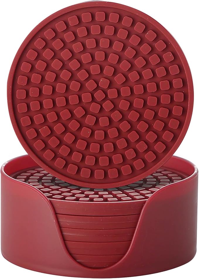 Colinda Silicone Drink Coasters with Holder, Set of 6, Outdoor Cup Mat for Hot or Cold Drinks, Thickened, Non-Slip,Non-Stick, Merlot Red