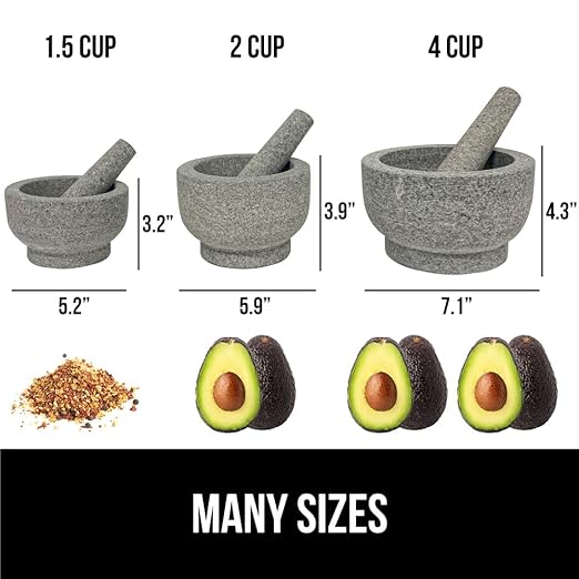 GORILLA GRIP Heavy Duty Mortar and Pestle Set with Slip Resistant Base, 2 Cup, 100% Granite Stone Molcajete Guacamole Bowl, Grind Seeds, Spices, Crush Garlic, Kitchen Muddler for Fresh Herbs, Gray