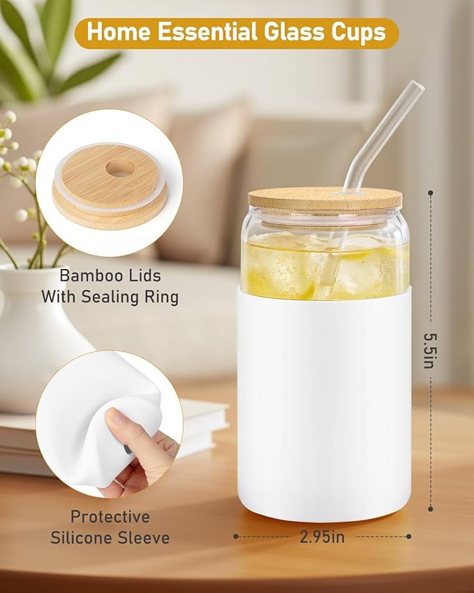 sungwoo Glass Cups with Lids and Straws, 4 Pack 16OZ Iced Coffee Cups with Silicone Sleeve, Glass Tumbler with Straw and Bamboo Lid, Home Essential Drinking Set for Juice, Cocktail and Latte White