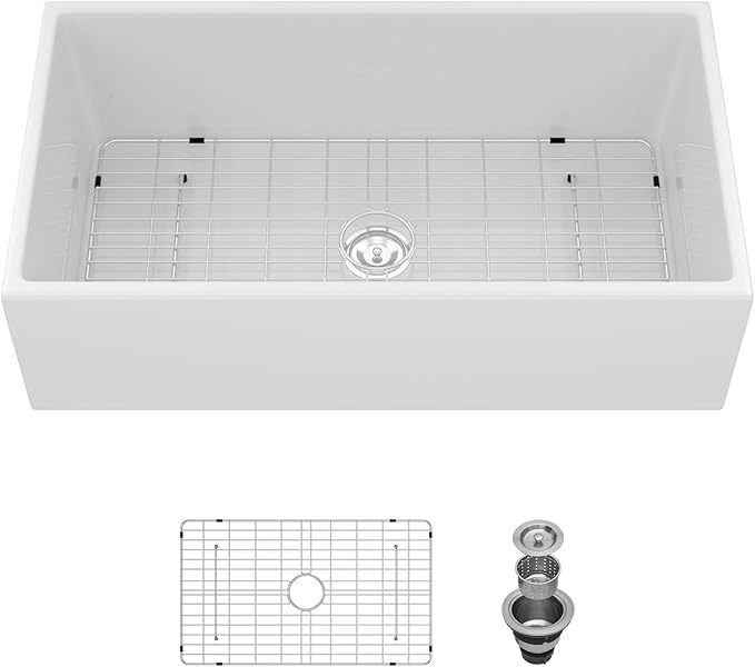 Sarlai 36 White Farmhouse Sink - 36 x 20 Inch Farm Kitchen Sink Apron Front Single Bowl Reversible Ceramic Porcelain Vitreous Fireclay Single Bowl Farmer Sinks Basin