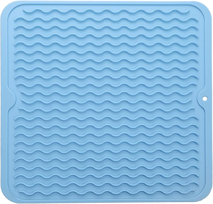 Silicone Dish Drying Mat for Multiple Usage,Easy clean,Eco-friendly,Heat-resistant Silicone Mat for Kitchen Counter or Sink,Refrigerator or Drawer liner Light Blue M 12 inches x 12 inches