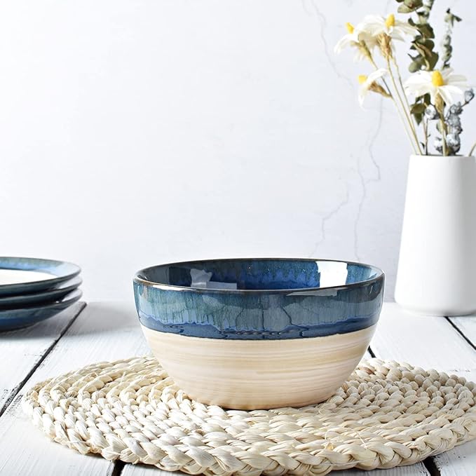 Bosmarlin Stoneware Soup Bowl Set of 4, 26 Oz, Cereal Bowl for Oatmeal, Dishwasher and Microwave Safe, Reactive Glaze (Deep blue, 6 in)