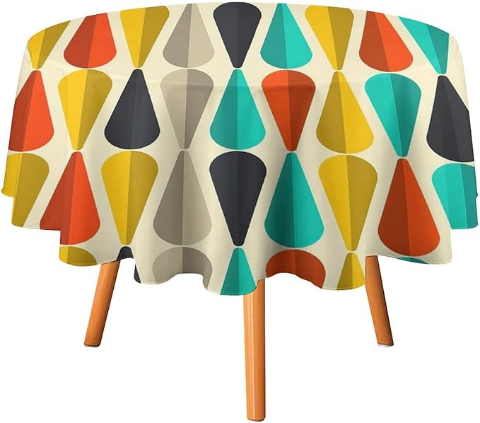Vintage Bohemian Mid Century Round Tablecloth, Retro 50s 60s Geometric Pattern Print Tablecloth for Home Party Dining Room Kitchen Decor 36Inch(90cm)