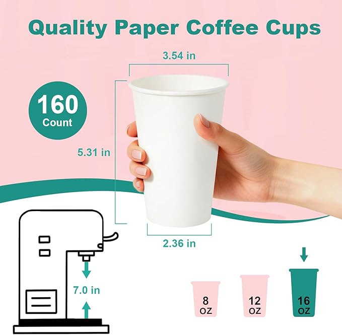 16 oz 160 Pack Disposable Coffee Cups, Bulk White Disposable Paper Cups, Coffee Cups for Hot Tea, Chocolate and Cold Drinks