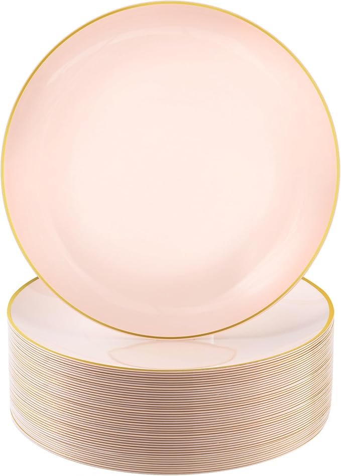 100 PCS Pink Gold Plastic Plates, 10 inch Pink Disposable Plates for Party, Plastic Dinner Plates for Party, Graduation, Wedding