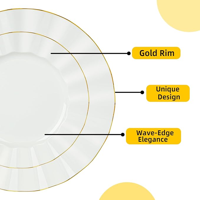 72PCS Ivory White Plastic Plates, Heavy Duty Disposable Party Plates with Gold Rim, 36 Dinner and 36 Dessert for Parties and Wedding