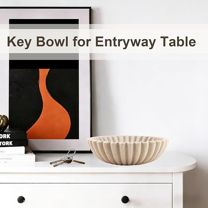 Large Modern Decorative Bowl, Fruit Bowl for counter, Modern Home Decor, Ruffle Bowl for Kitchen Counter Coffee Table, Key Bowl for Entryway Table, 10", Beige