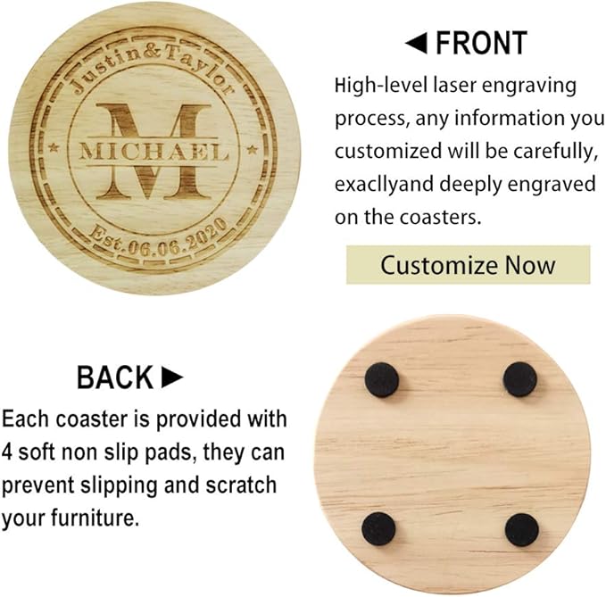 Personalized Monogram Coasters, Custom Engraved - Wooden Drink Coasters, Set of 6 - Great Gifts