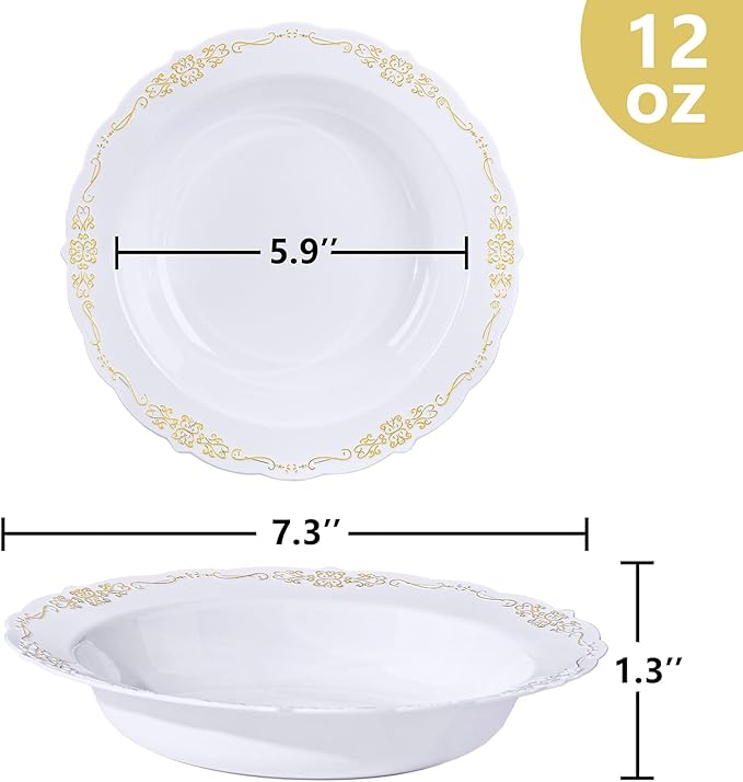 DaYammi 50 Pack Plastic Bowls with Gold Rim, 12oz Disposable Soup Bowls, Heavy Duty Dinner Bowls for Weddings,Gold Disposable bowl for Parties, Dinners, Catering and Everyday Use
