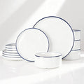 Famiware Porcelain Dinnerware Set, 12-Piece Modern Plate and Bowl Set, Dish Set for 4, Microwave and Dishwasher Safe Tableware, White with Blue Trim