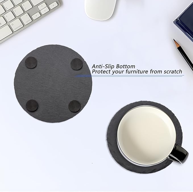24 Pack Round Slate Drink Coasters, VIBRATITE 4 Inch Black Slate Stone Coasters Bulk Cup Coasters Laser Engraving Blanks with Anti-Scratch Bottom for Drink Coffee Bar Kitchen Home Decor