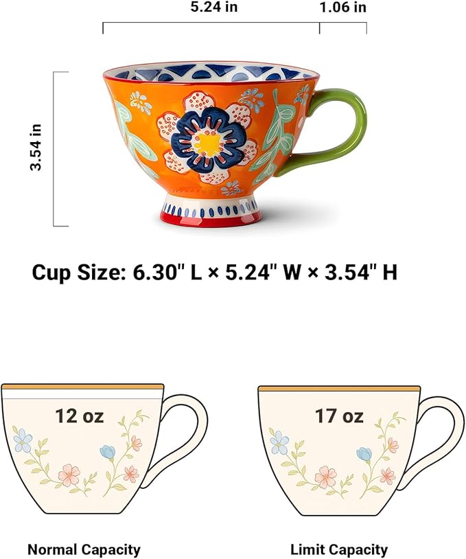 25oz Ceramic Soup Bowl with Handle – Handcrafted Floral Pottery Cereal & Ramen Bowl – Large Microwave & Dishwasher Safe Decorative Bowl for Everyday Use or Gift (Sunset Fiesta, 17oz)