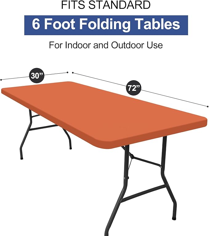 homing 2 Pack Rectangle Table Cloth, Elastic Fitted Fabric Tablecloth Fits for 6 Foot Folding Tables, Washable Table Cover for Picnic, Camping, Indoor & Outdoor (Rust, 30" x 72")