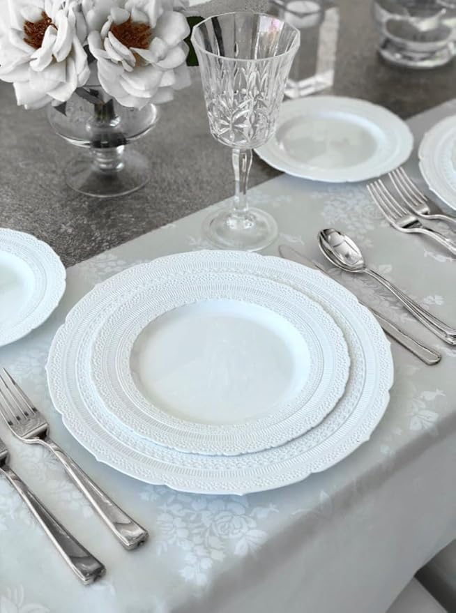 " OCCASIONS " 960pcs set (120 Guests)-Extra Heavyweight Vintage Wedding Disposable/Reusable Plastic Plates (120 x 11''+ 120x8.25'')+Silverware+12oz Cups+Napkins (Chateau Collection White)