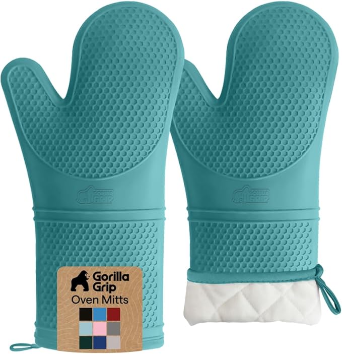 GORILLA GRIP BPA-Free Soft Silicone Oven Mitts, 14.5x8.3, Heat Resistant and Waterproof Cooking Gloves, Thick Cotton Lining, Flexible Gripping for Baking Grilling, Kitchen Potholders Set, Turquoise