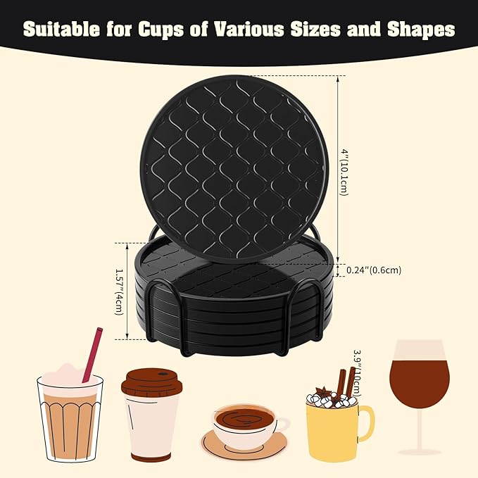 Coasters Set of 8,Hot or Cold Drink Coasters with Holder,Modern Style Coffee Table Coaster,Suitable for Kinds Cups Beer,Drink,Anti-Overflow Tabletop Protection (Black, 6pcs)
