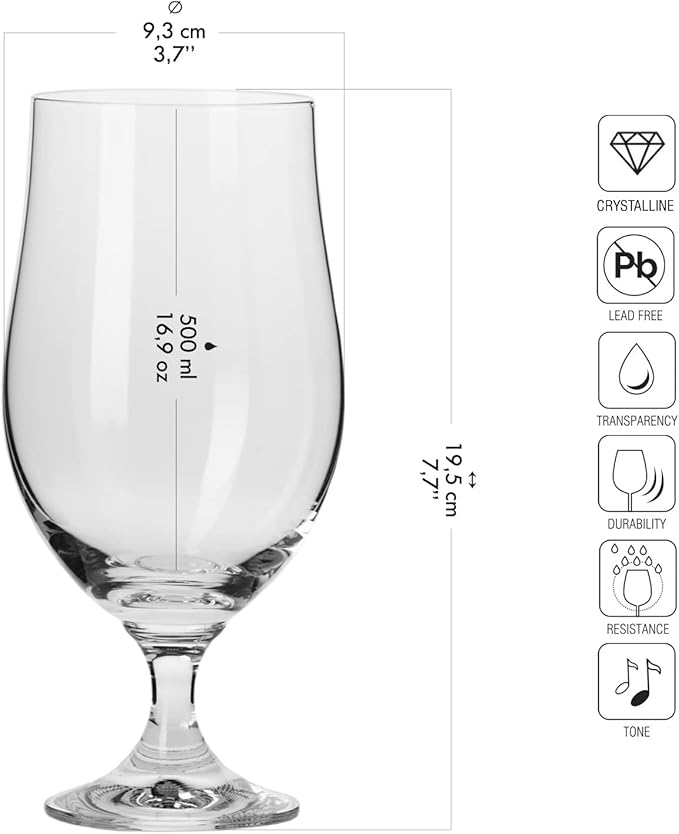 Krosno Lager Beer Glasses, Set of 6, 16.9 oz, Belgian Style Glasses, IPA, Craft Beer Glasses, Harmony Collection, Dishwasher Safe, Made in Europe