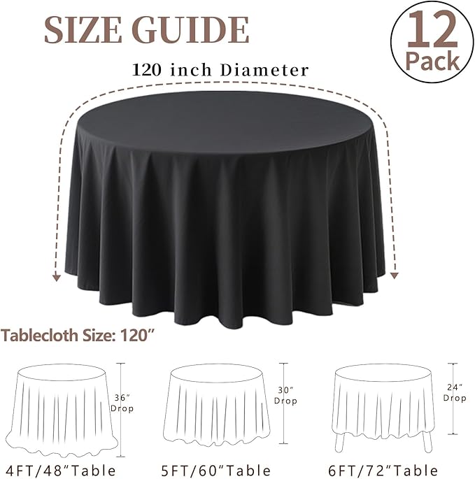 12 Pack Round Tablecloth 120 Inch Cloth Black Tablecloth for Round Tables, Washable Polyester Table Cloth Stain and Wrinkle Resistant Decorative Table Cover for Wedding Party Dining Banquet