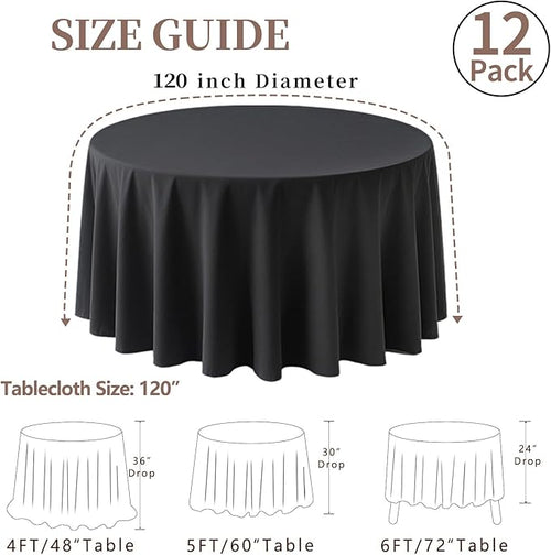 12 Pack Round Tablecloth 120 Inch Cloth Black Tablecloth for Round Tables, Washable Polyester Table Cloth Stain and Wrinkle Resistant Decorative Table Cover for Wedding Party Dining Banquet