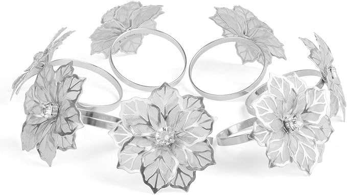 Picowe Set of 12 Alloy Napkin Rings with Hollow Out Flower Napkin Ring Holders for Wedding Party Holiday Banquet Christmas Dinner Delicate Serviette Buckles Decor Favor (Silver)