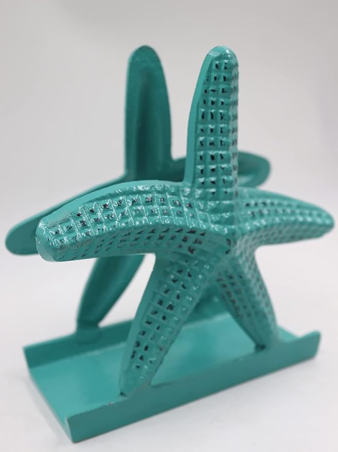 Nautical Starfish Lunch Dinner Metal Napkin Holder Kitchen Beverage Cocktail Ocean Coastal Napkin Holder By The Metal Magician (Distressed Green)