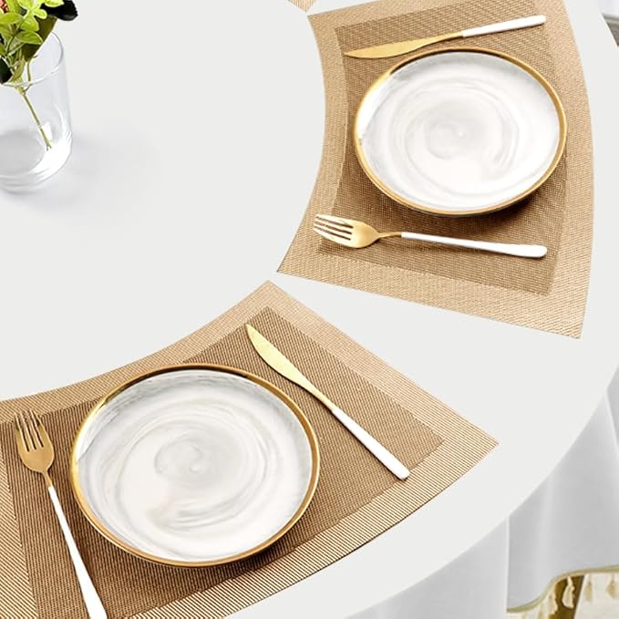 Wedge Placemats for Round Dinner Table Woven Vinyl Wipe Clean Non Slip Plastic Table Mats Set of 6（Champagne）