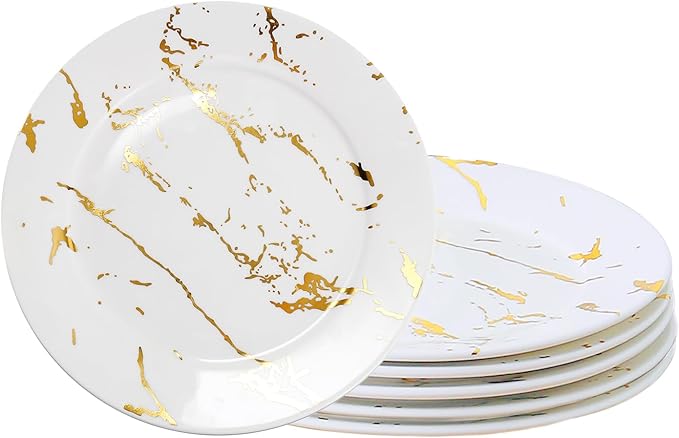 6-Piece Ceramic Plates Set - 8 Inch White Marble-Pattern Appetizer & Dessert Plates with Gold Rim, Microwave and Dishwasher Safe