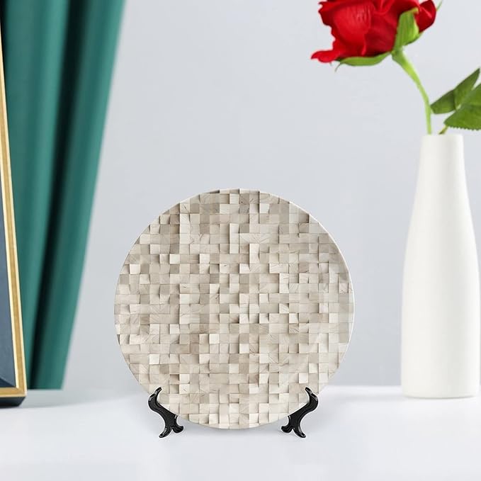 Ceramic Display Plate, Abstract Ceramic Hanging Decorative Plate, Wooden Cubes Print, 6 Inch, Household Custom Ceramic Plate, Tan