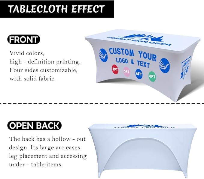 Personalized Table Cloth with Logo Image Customized Tablecloth 4FT/5FT/6FT/8FT Spandex Customized Table Cover Promotional Business Tradeshow Events Birthday Party Wedding (6FT Spandex(Open back))