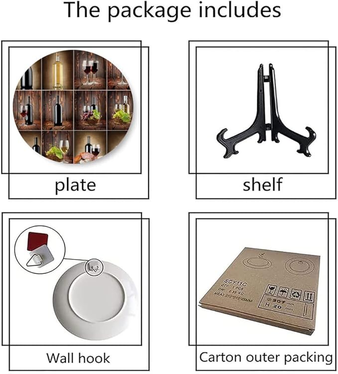 Decorative Plates, Wine Print Ornament, Wine Themed Collage on Wooden Backdrop with Grapes and, 8 Inch, 1 Plate with 1 Display Stand, Brown Black Red