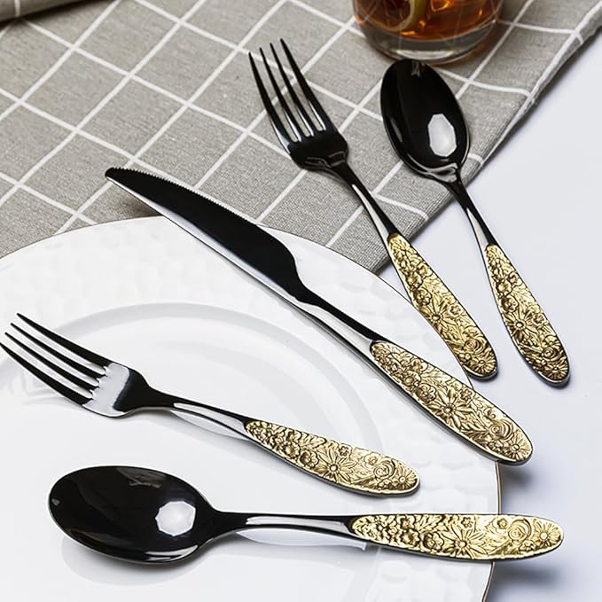 TWEE Black Gold Silverware Set for 4 Unique 18/10 Stainless Steel 20 Flatware Set Beautifully Embossed Floral Pattern Mirror Polished Kitchen Utensils Set for Home Restaurant Tableware