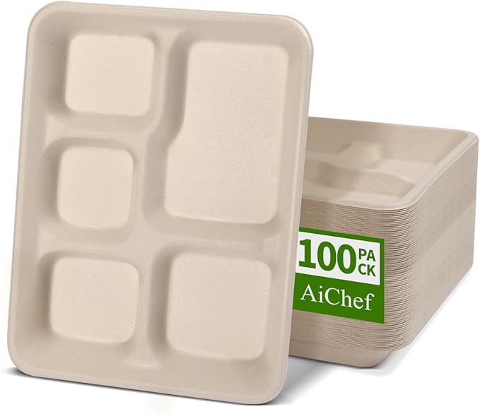 5 Compartment Paper Plates 100 Pack, 10 x 8 inch inch Disposable Lunch Trays, Divided Disposable Sectional Plate for School Lunch, Cafeteria, Buffet Church and Party