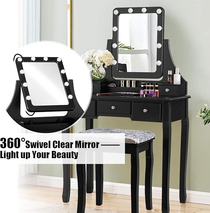 DORTALA Vanity Table Set w/ 360-Degree Rectangular Mirror & Cushioned Stool, Makeup Table w/ 10 LED Dimmable Bulbs, Bedroom Wood Dressing Table w/ 5 Drawers & Removable Box Organizer, Black