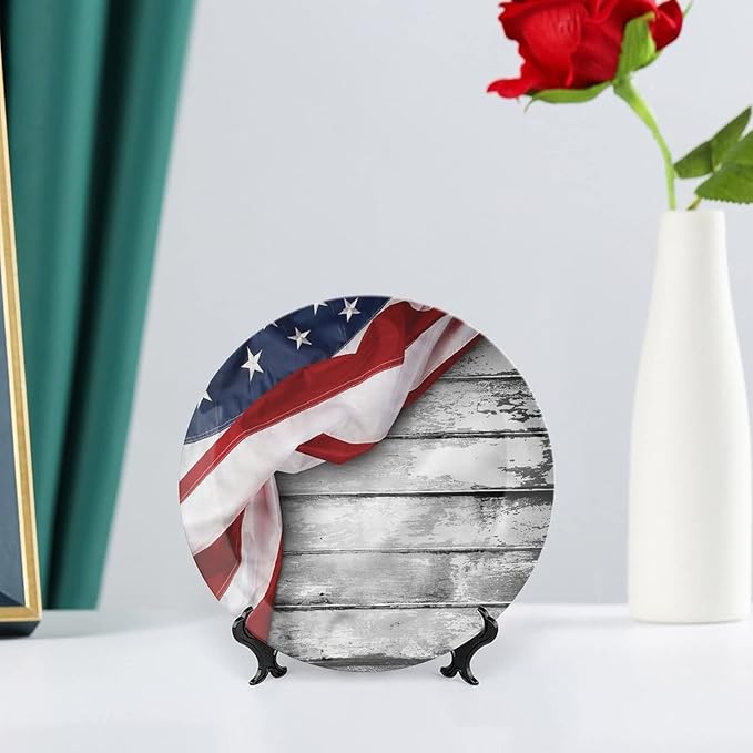 Ceramic Plates, American Flag Decorative Ceramic Plates, Flag on Wood Planks, 6 Inch, for Dining, Parties, Wedding, Multicolor