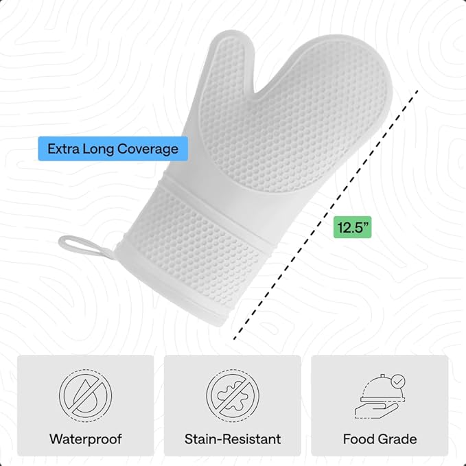 GORILLA GRIP BPA-Free Soft Silicone Oven Mitts, Heat Resistant and Waterproof Cooking Gloves, Thick Cotton Lining, Flexible Gripping for Baking Grilling, Kitchen Potholders Set of 2, 12.5x8.3, White