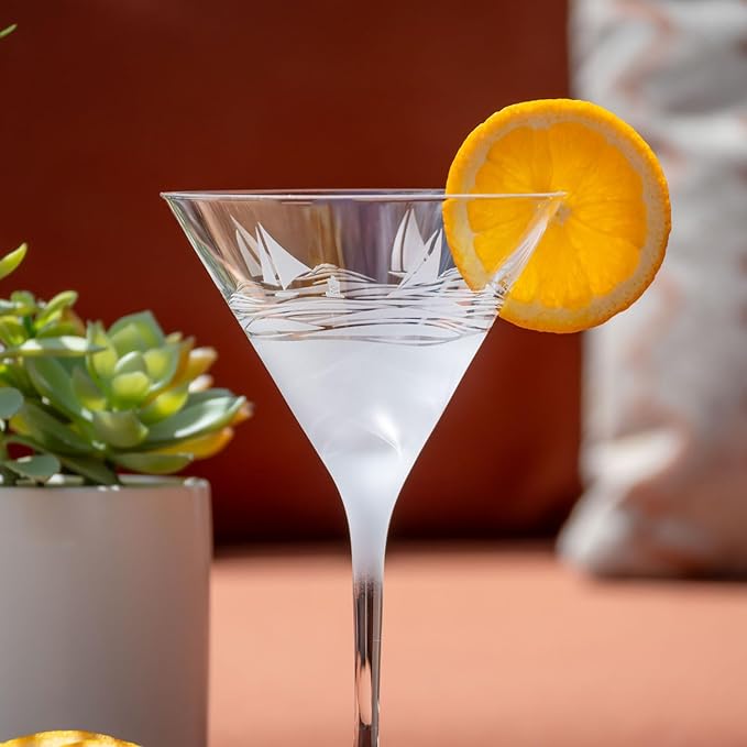 Rolf Glass Regatta 10oz Martini Cocktail Glass | Set of 2 Lead-Free Glasses | Proudly Made in the USA | Engraved Martini Glasses | Nautical Sailboat Design