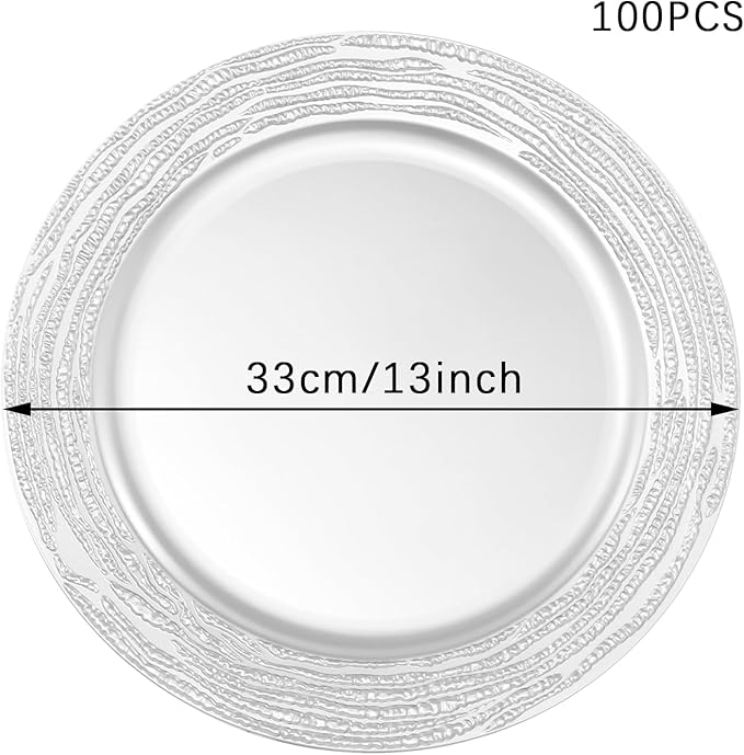 100 PCS Antique Charger Plates Bulk, 13 Inch Round Textured Edge Plastic Dinner Chargers, Bulk Plastic Charger Plates Set for Wedding, Party, Table Decor (Silver)