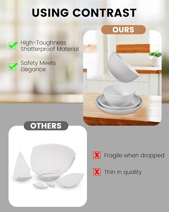48 Piece Plates and Bowls Sets for 8- Unbreakable Wheat Straw Dinnerware Sets Includes Stainless Steel Forks for Picnic Camping Outdoor Kitchen and Apartment Dinning RV Essentials-White
