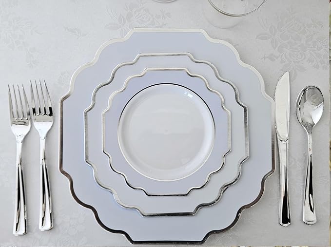 " OCCASIONS " 50 Plates Pack (25 Guests)-Heavyweight Wedding Party Disposable Plastic Plate Set -(25x10.5'' Dinner + 25x8'' Salad/dessert (Imperial in White/Blue & Silver)