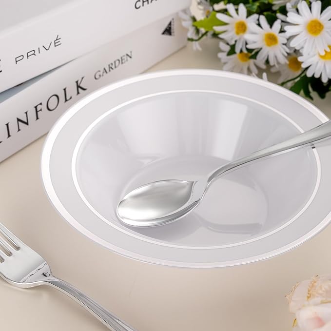 100pc Deep Bowl With White Background And Double Silver Edges, 12oz,Disposable Soup Bowls,Disposable Soup Dessert Salad Bowls for Wedding/Party/Catered Events